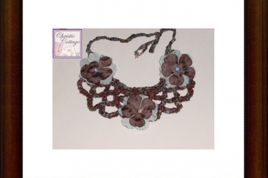 Necklace - Bohemian - Bib - Crocheted Brown Blue Beaded with flowers Boho crocheted necklace, Made in America