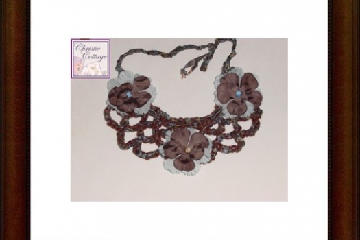 Necklace - Bohemian - Bib - Crocheted Brown Blue Beaded with flowers