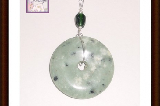 Kiwi Jasper Wire Wrapped Pendant With Green Glass Bead, Silver Pendant Jasper Kiwi