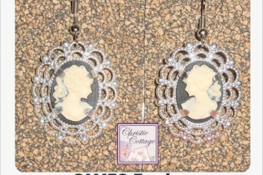 Cameo Earrings Silver Pierced Dangle Lovely Lady