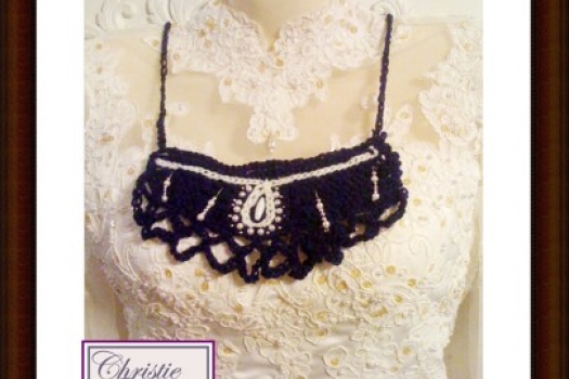 Bohemian Necklace, Navy Blue, Beads, White pearls, Crocheted