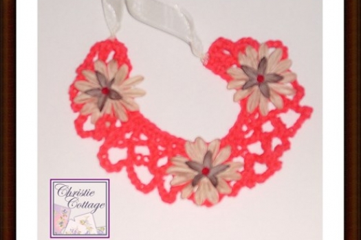 Red Bohemian Necklace, Crocheted, Boho Necklace Boho necklace, red with tan flowers, handmade America