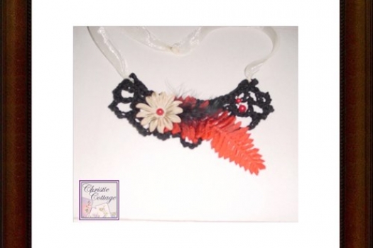 Boho Necklace - Bohemian - Black - Feather - Red Fern - Flower - Beads
