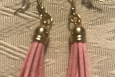 Pink leather tassel, dangles earrings, Gold wires, Free US shipping