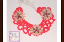Boho necklace, red with tan flowers, handmade America