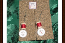 Earrings - Miniature Spools - Buttons - Pierced - Dangles - Red
